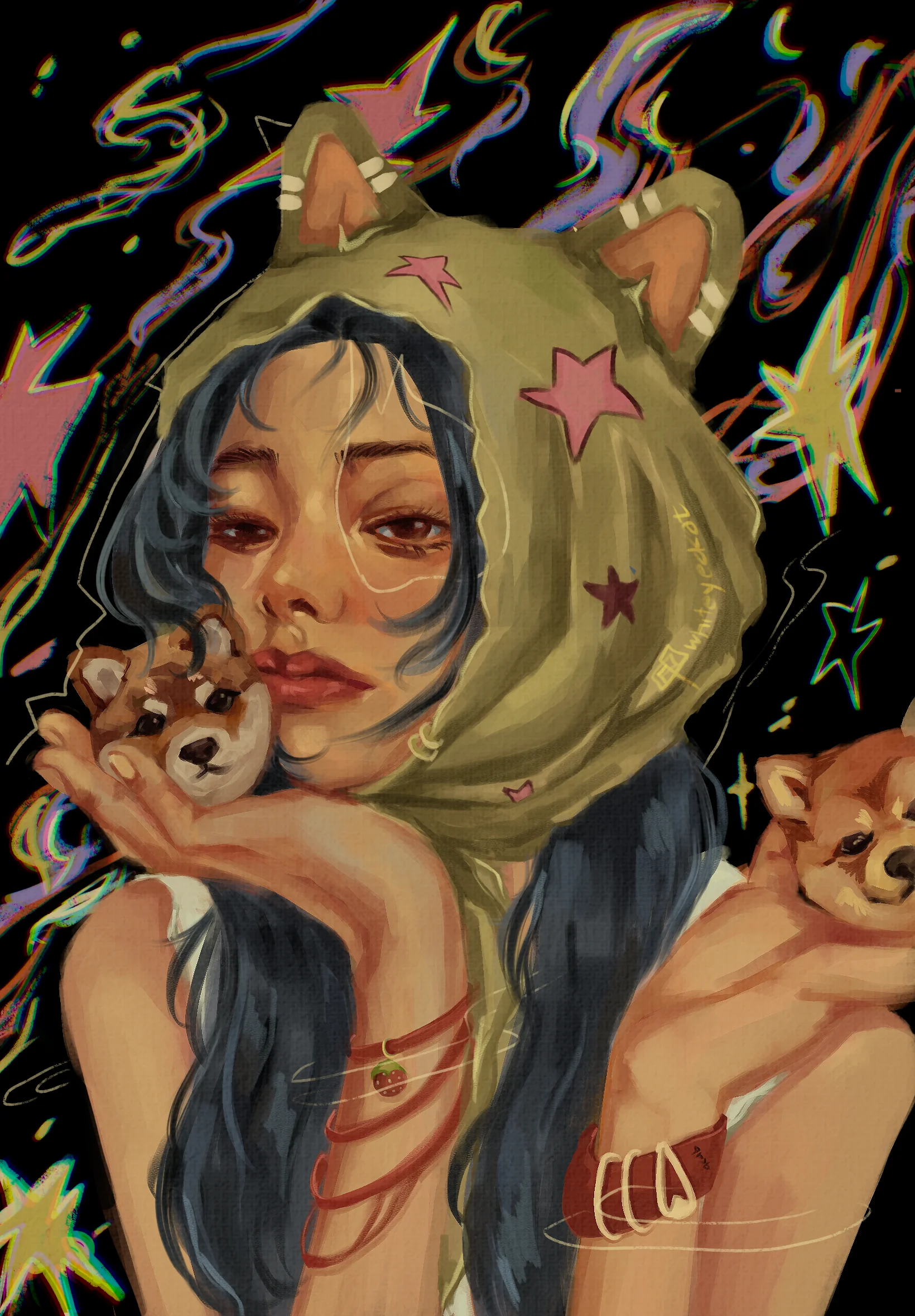 Cute portrayal of a Shiba Inu with a puff of smoke surrounding it.