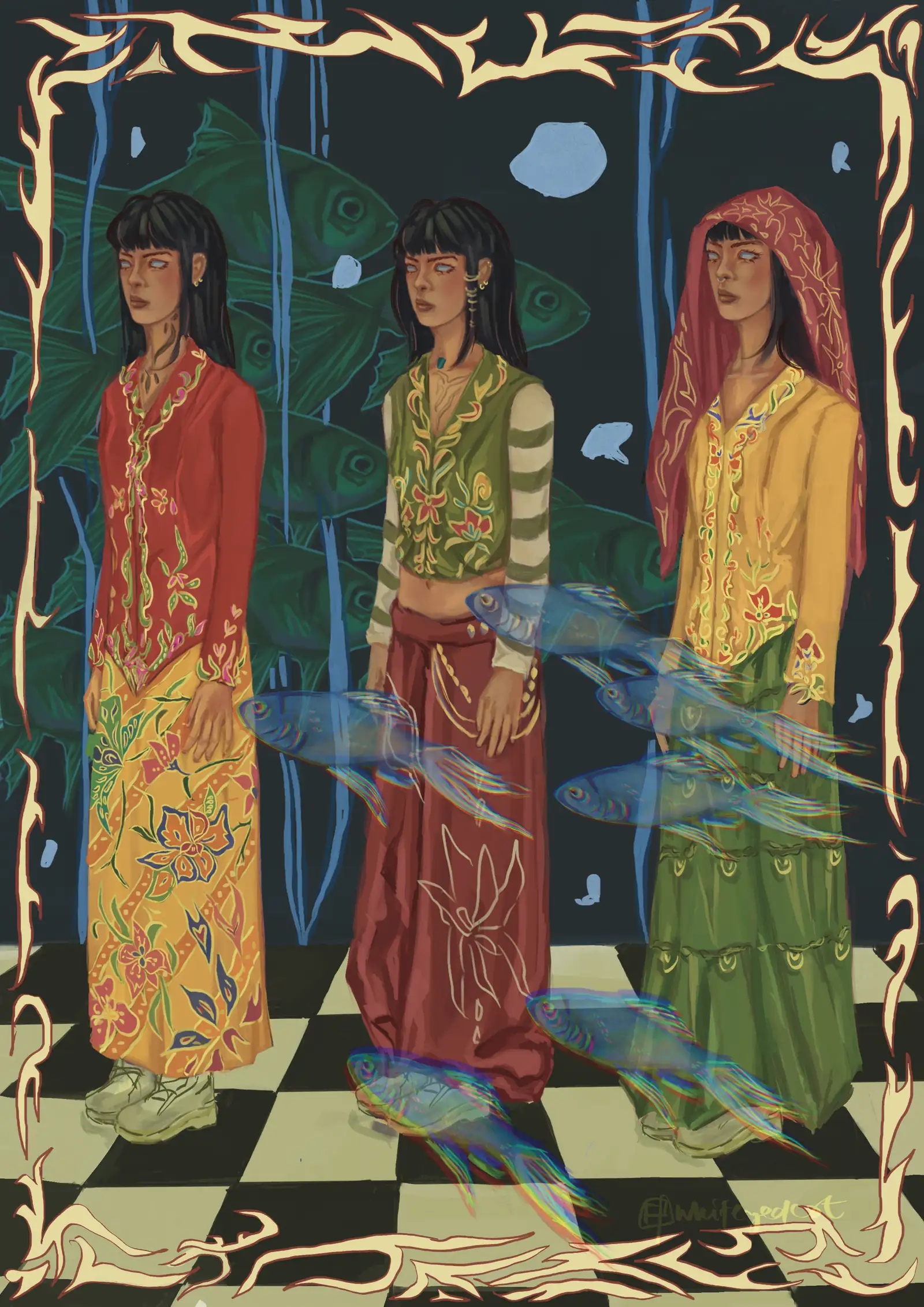 Three figures in embroidered outfits stand among glowing fish and a dark forest backdrop.