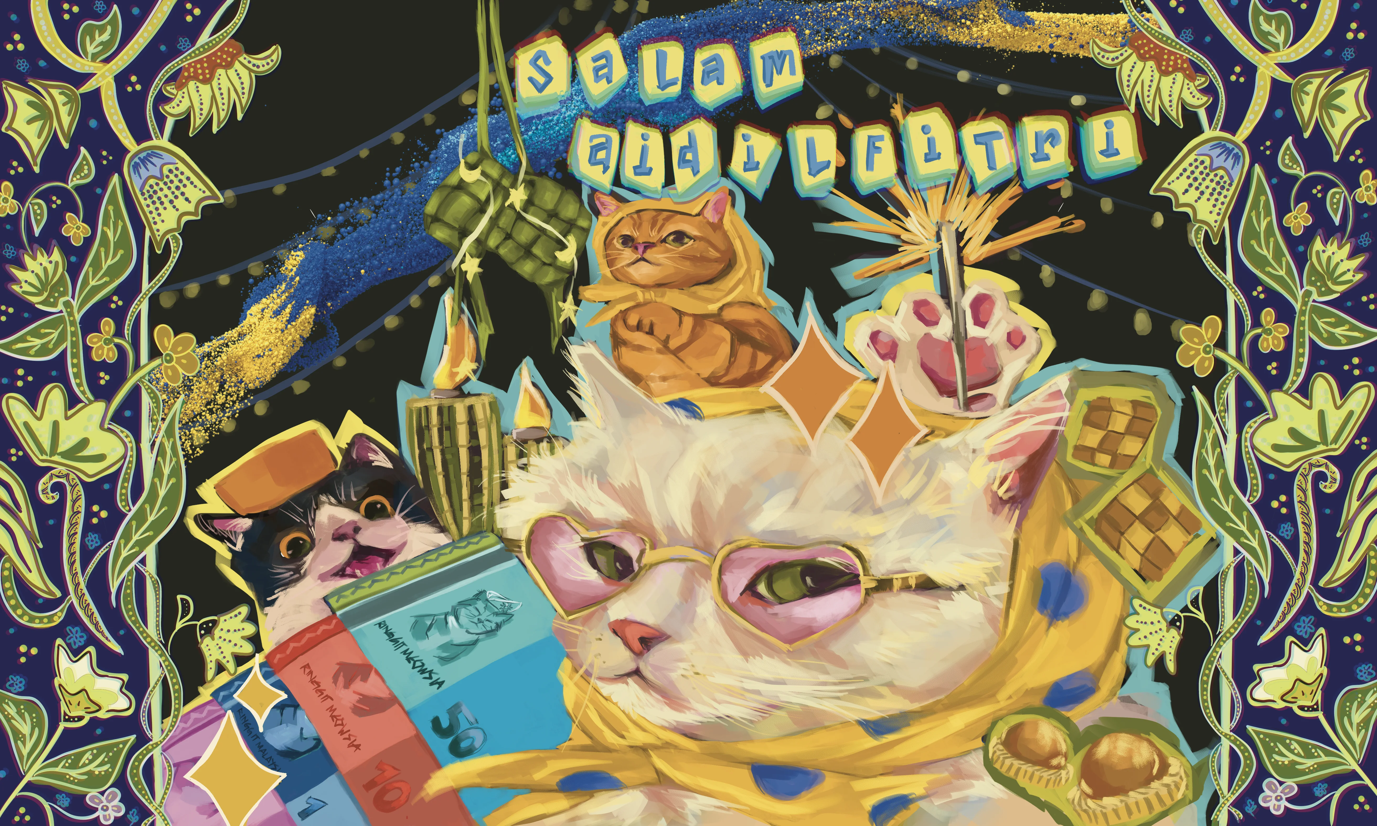 Wide CelcomDigi Hari Raya collaboration illustration by whiteyedcat with festive gathering artwork.