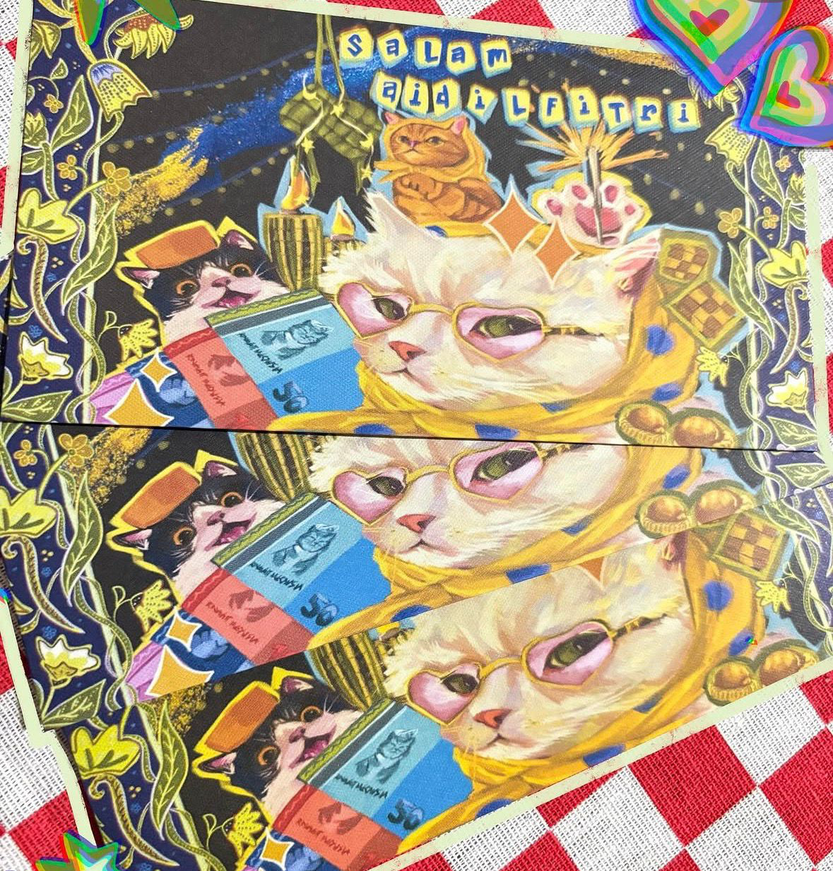 Colorful illustrated book cover artwork featuring cats, bright stickers, and layered handwritten details.