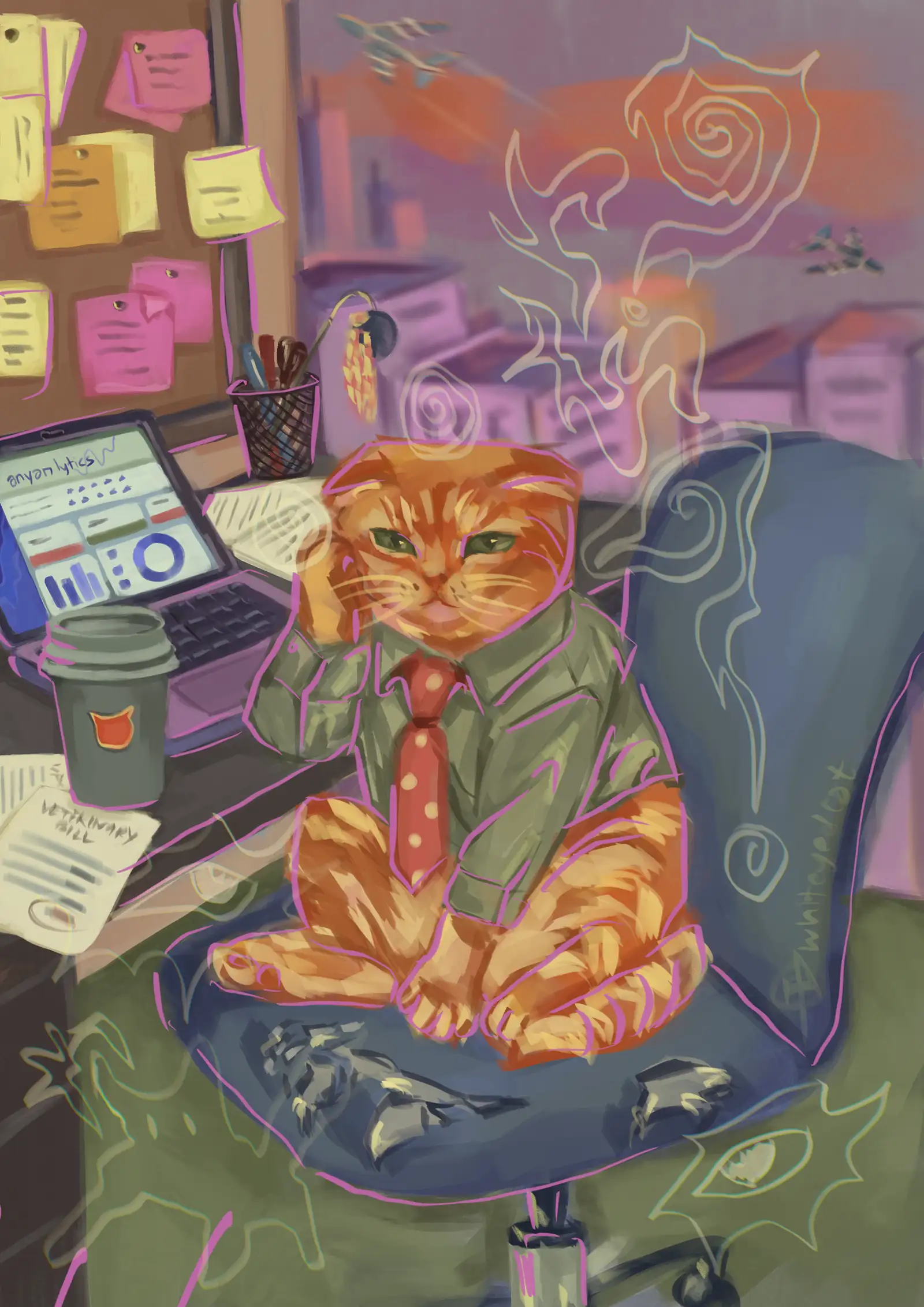 Orange tabby cat in a tie working at a desk with a laptop and data charts.