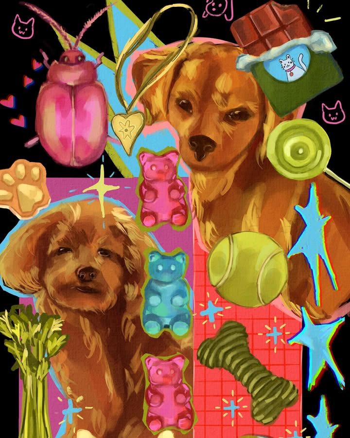 Colorful collage artwork featuring playful objects and a dog portrait.