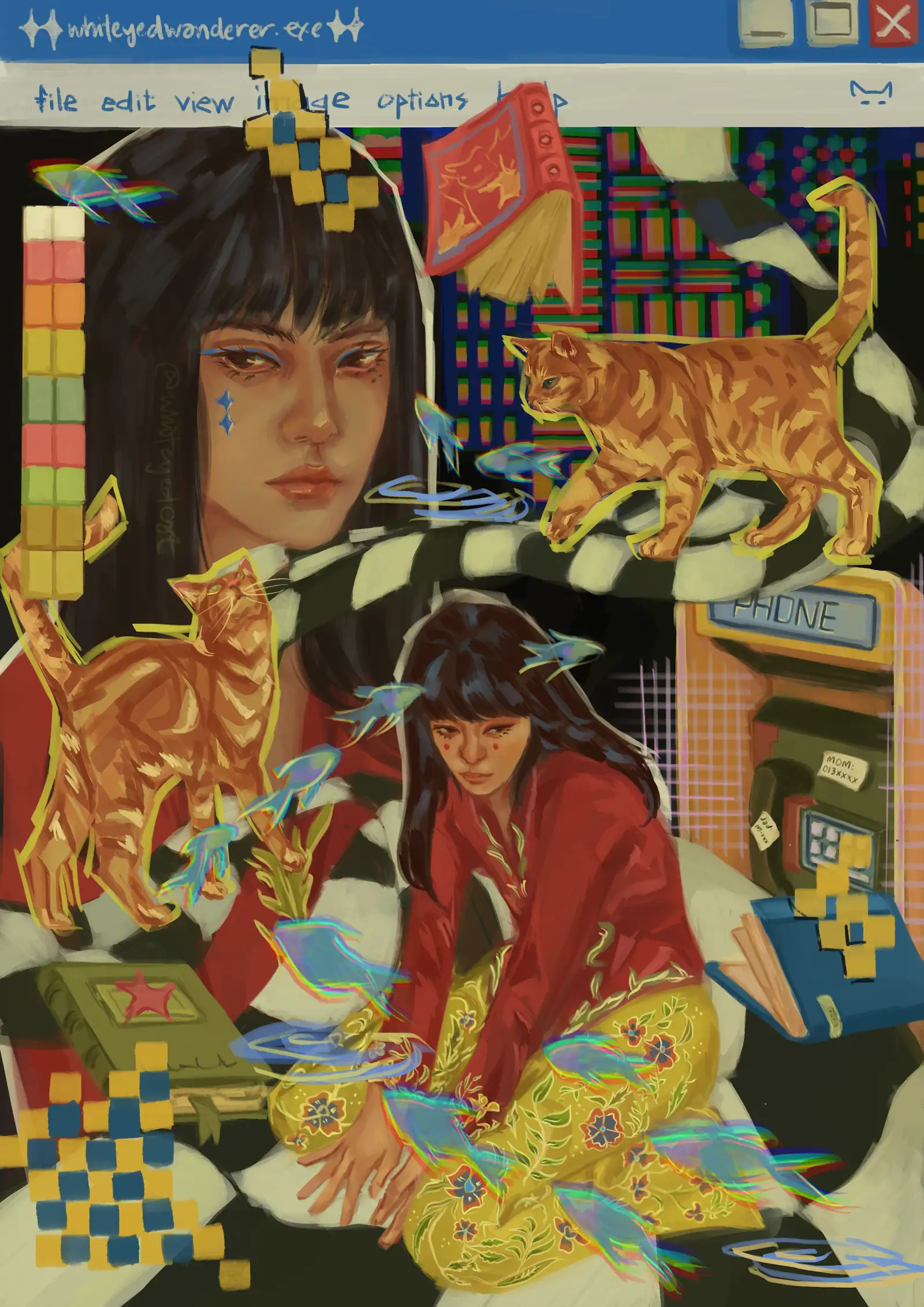 Surreal digital scene with a woman, orange cats, floating fish, and a computer-window frame.