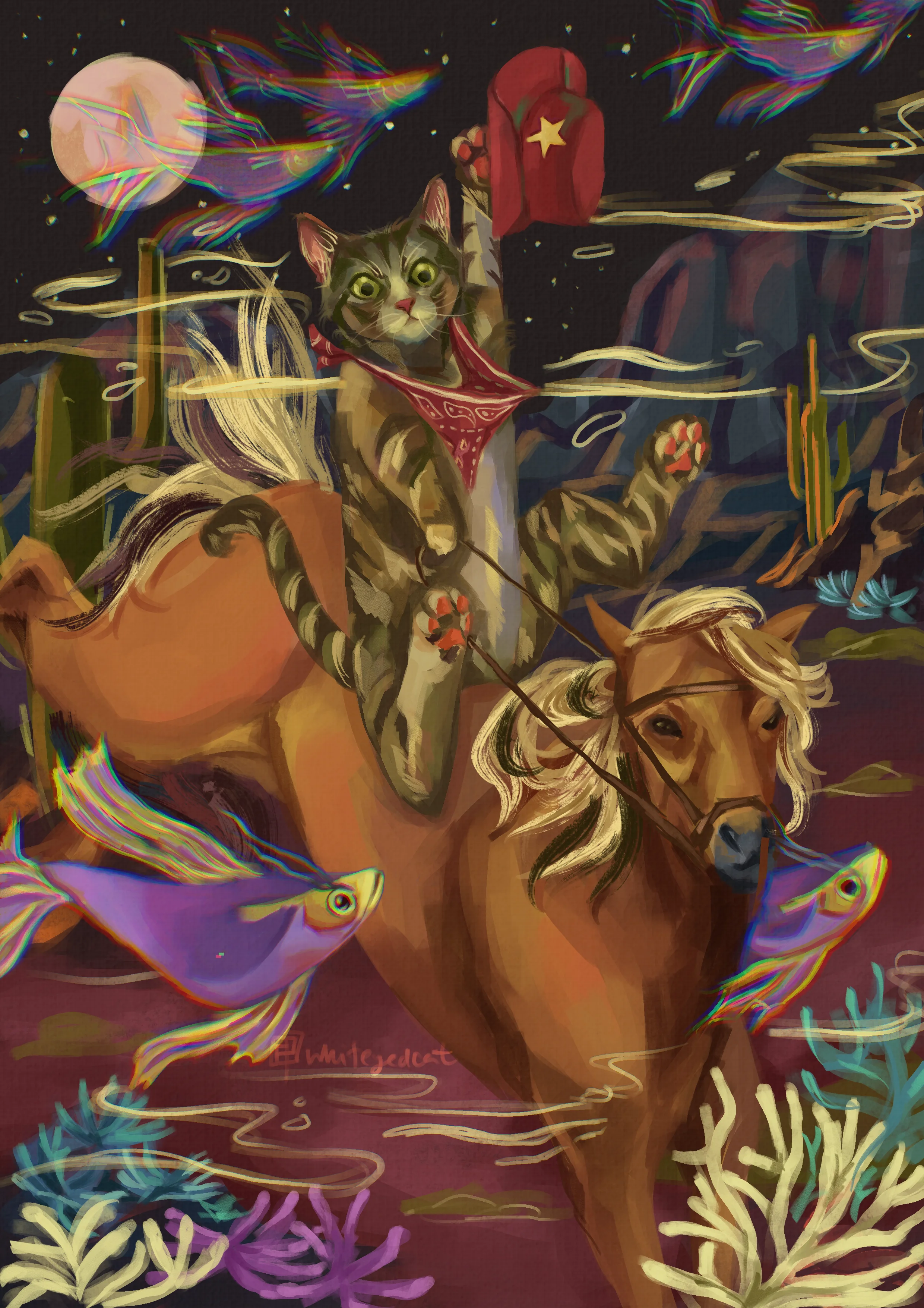Pet portrait commission preview with a stylized illustrated animal and detailed background.