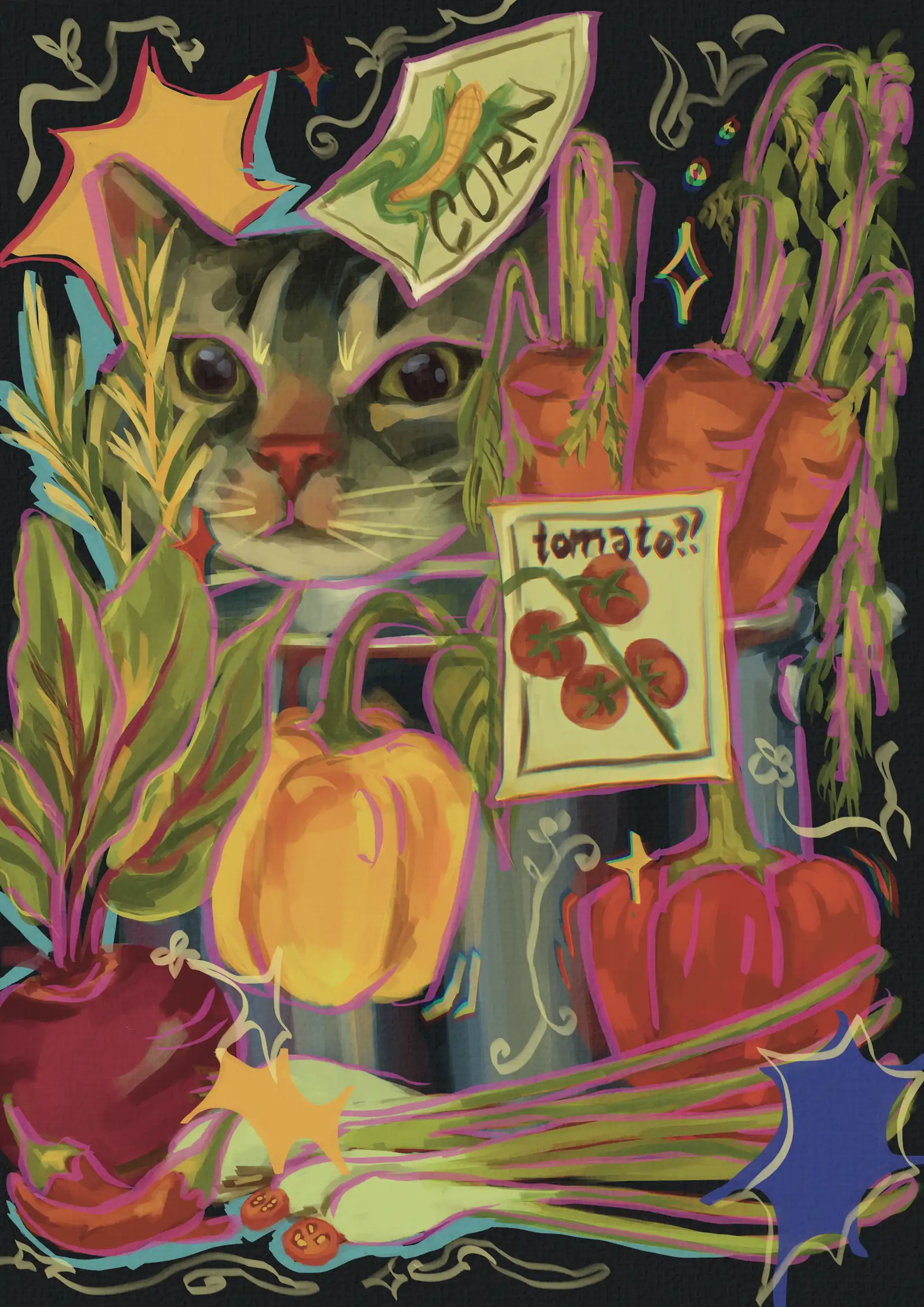 Illustrated cat surrounded by corn, tomatoes, carrots, and lush garden plants.